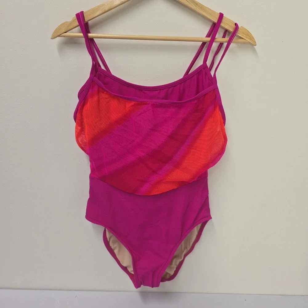 Retro Slim-A-Size‎ Vintage One Piece Swimsuit Pink Orange Mesh Overlay Size 6
